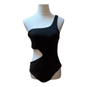 Aqua Swim Womens One Shoulder Side Cutout One Piece Swimsuit Black Size L